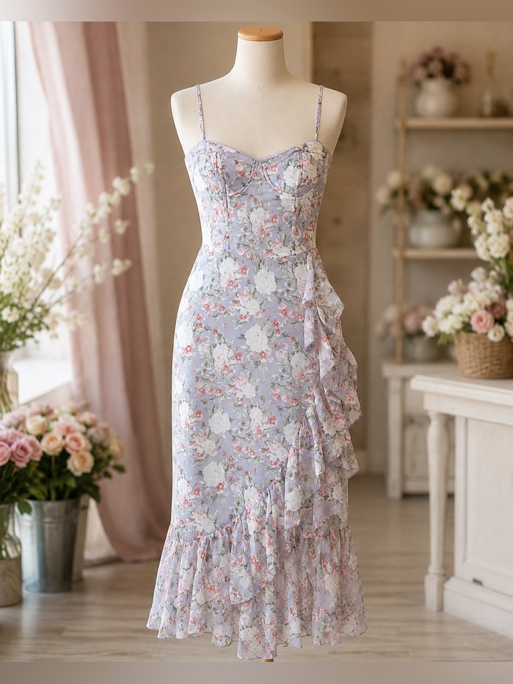 ASTR Floral Ruffle Midi Dress Size Large NWT Lavender Pink Romantic Bustier